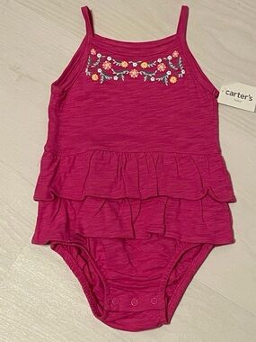 Carter's Bright Magenta Ruffle Tank One-Piece Bodysuit with Floral Embroidery